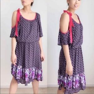 Free People Cold Shoulder Asymmetrical Hem Mixed Floral Pattern Midi Dress - S